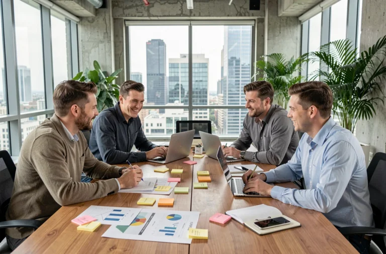 Équipe de professionnels collaborant autour d'une table de réunion dans un bureau moderne pour planifier un projet de management