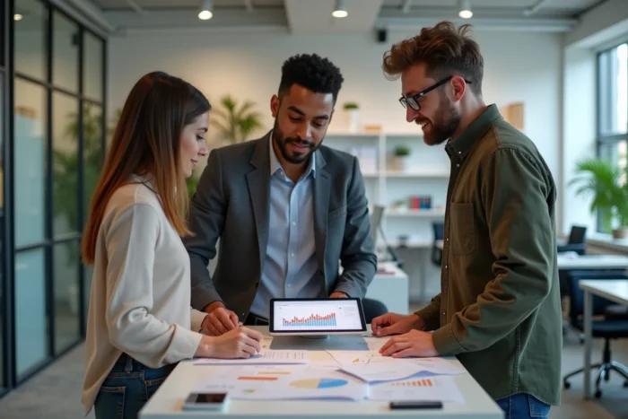 Équipe diverse collaborant sur une stratégie de diffusion d'annonces professionnelles dans un espace de coworking