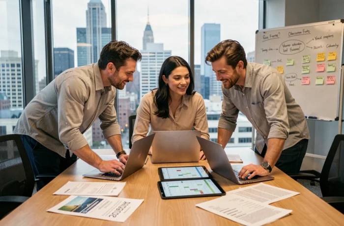 Équipe marketing collaborative autour d'une table de réunion avec des ordinateurs portables et un calendrier de contenu numérique pour planifier une stratégie digitale 2024