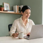 Femme travaillant à son bureau à domicile moderne avec étagères et plantes, espace de travail épuré en vert sauge