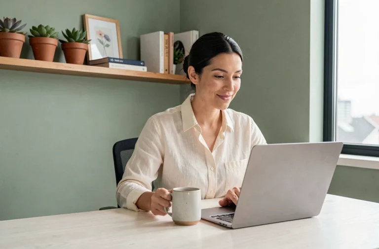 Femme travaillant à son bureau à domicile moderne avec étagères et plantes, espace de travail épuré en vert sauge