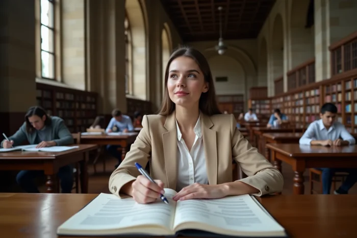 Étudiante en droit annotant une fiche d'arrêt dans une bibliothèque universitaire juridique