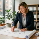 Femme experte en immobilier analysant des plans architecturaux dans une agence moderne
