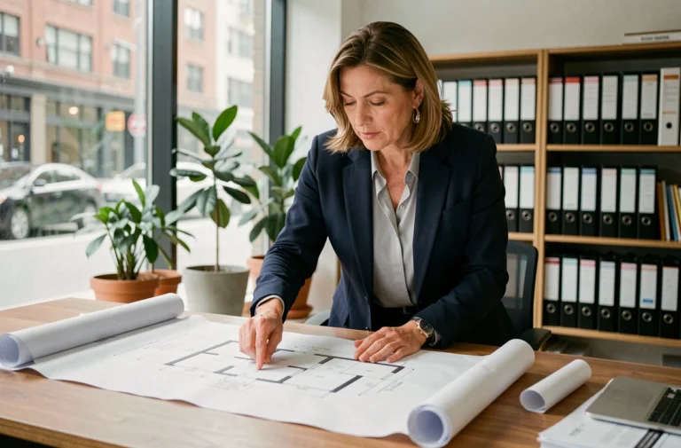 Femme experte en immobilier analysant des plans architecturaux dans une agence moderne