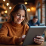 Femme lisant les dernières actualités sur une tablette dans un café urbain moderne