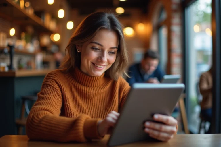 Femme lisant les dernières actualités sur une tablette dans un café urbain moderne