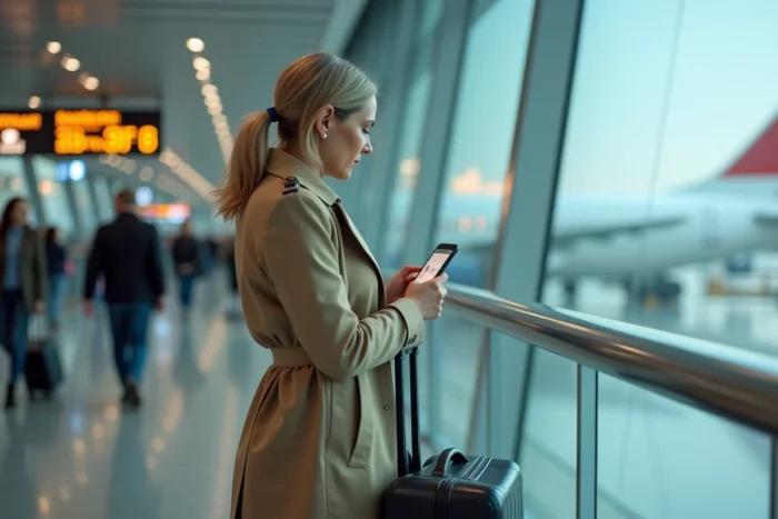 Femme dans un aéroport regardant une notification bancaire sur son téléphone avant l'embarquement, symbolisant les conséquences d'un crédit impayé lors d'un départ à l'étranger