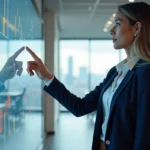 Femme cadre présentant une stratégie de transformation numérique sur un écran interactif dans un bureau moderne