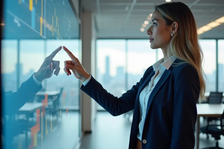 Femme cadre présentant une stratégie de transformation numérique sur un écran interactif dans un bureau moderne