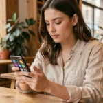 Jeune femme en café consultant les paramètres mode avion et ne pas déranger sur un smartphone Android