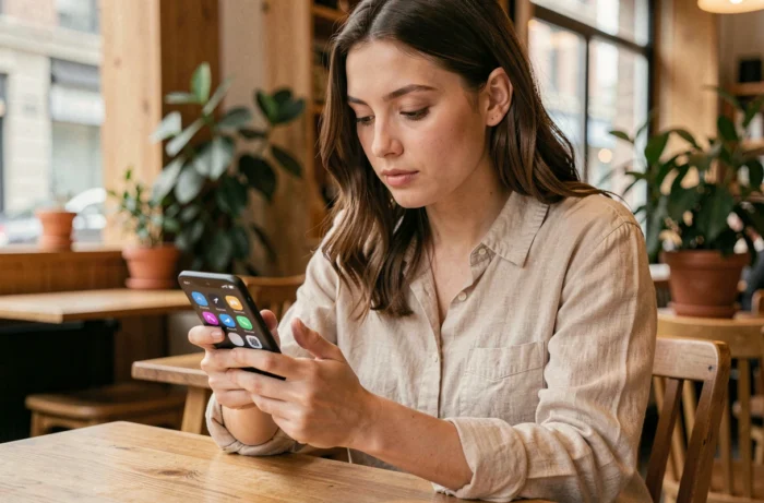 Jeune femme en café consultant les paramètres mode avion et ne pas déranger sur un smartphone Android