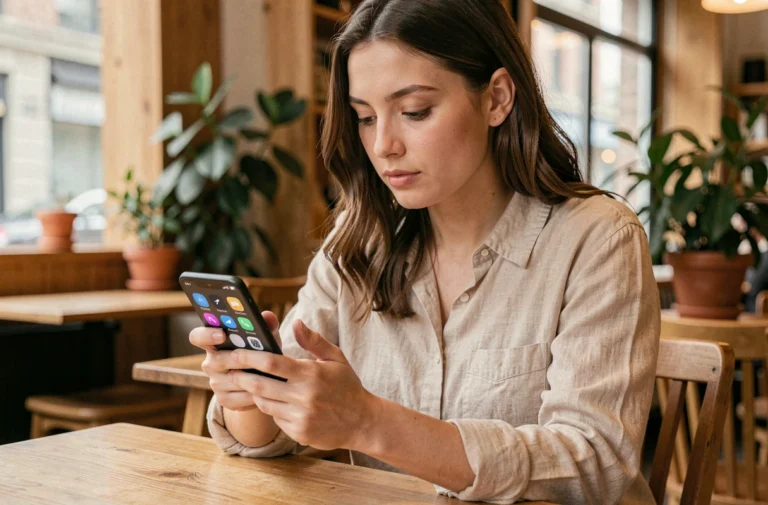 Jeune femme en café consultant les paramètres mode avion et ne pas déranger sur un smartphone Android