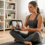 Femme pratiquant une séance avec un coach sportif en ligne via tablette dans son salon moderne