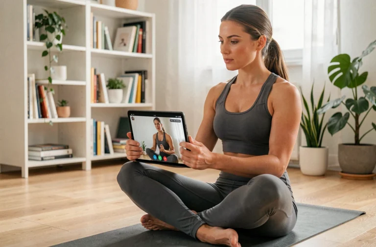 Femme pratiquant une séance avec un coach sportif en ligne via tablette dans son salon moderne