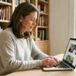 Femme consultant un site de presse en ligne sur un ordinateur portable dans un bureau à domicile organisé