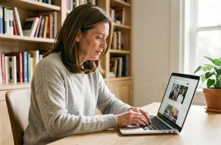 Femme consultant un site de presse en ligne sur un ordinateur portable dans un bureau à domicile organisé