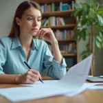 Jeune femme consultant un contrat d'assurance voiture MAE à son bureau à domicile