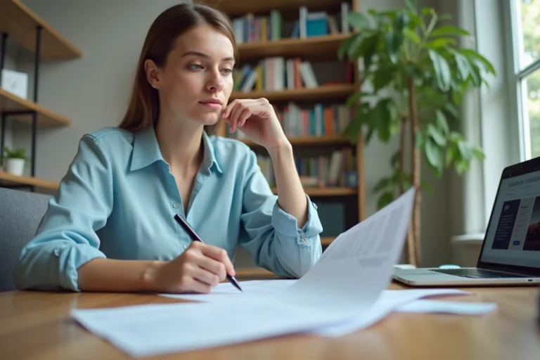 Jeune femme consultant un contrat d'assurance voiture MAE à son bureau à domicile