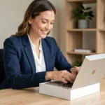 Femme professionnelle déballant un MacBook offert grâce à une formation CPF dans un bureau à domicile moderne