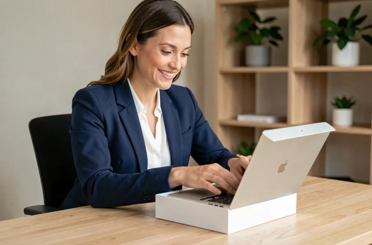 Femme professionnelle déballant un MacBook offert grâce à une formation CPF dans un bureau à domicile moderne