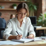 Femme entrepreneur en train de rédiger un plan de business dans un espace de coworking moderne