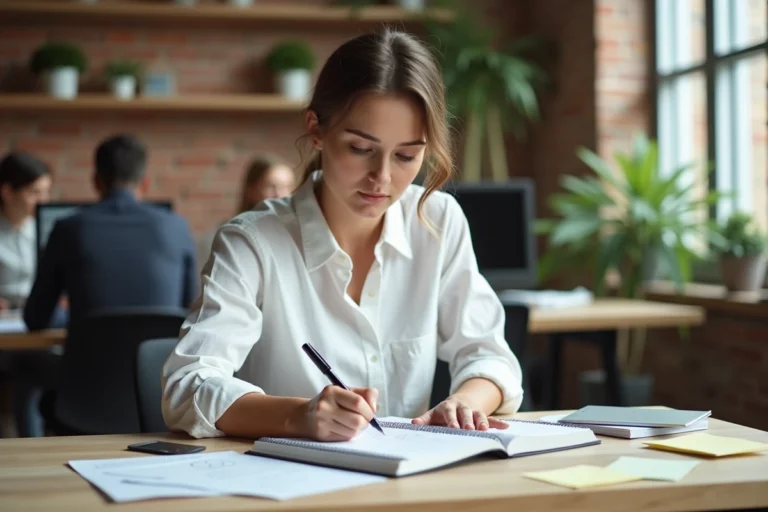 Femme entrepreneur en train de rédiger un plan de business dans un espace de coworking moderne