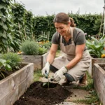 Femme jardinant dans un potager naturel surélevé avec des plants de tomates et des légumes verts