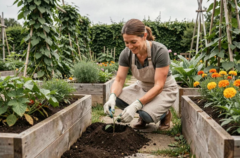Femme jardinant dans un potager naturel surélevé avec des plants de tomates et des légumes verts