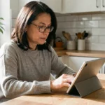Femme de 40 ans lisant les actualités santé sur une tablette dans sa cuisine, exprimant concentration et intérêt pour l'information médicale quotidienne
