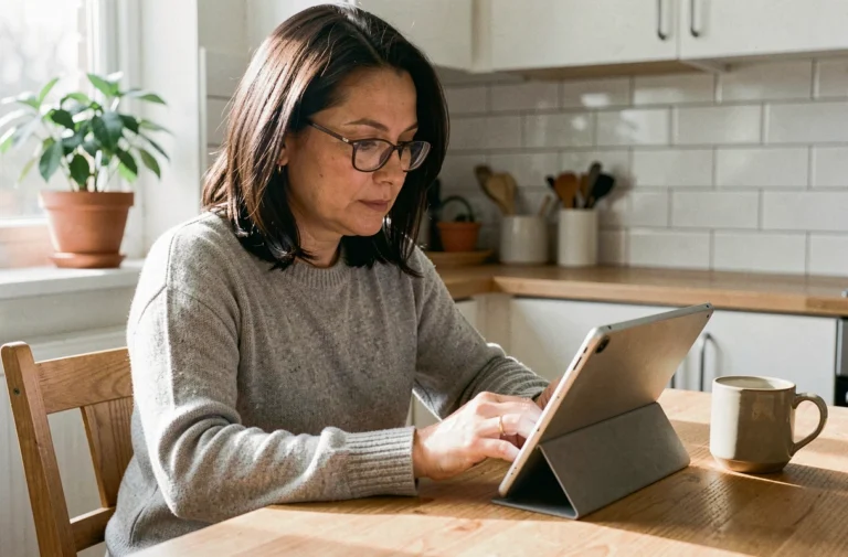 Femme de 40 ans lisant les actualités santé sur une tablette dans sa cuisine, exprimant concentration et intérêt pour l'information médicale quotidienne