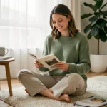 Femme lisant un livre dans un salon moderne et cosy, tendances loisirs au quotidien