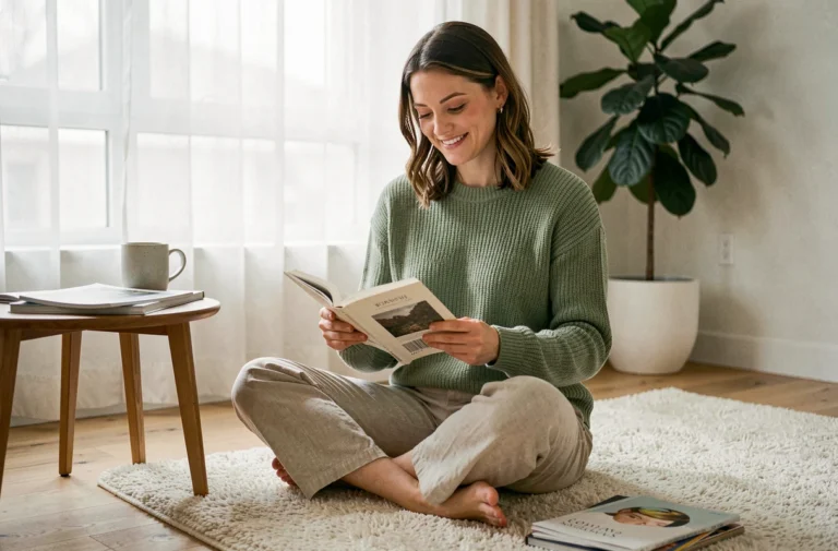 Femme lisant un livre dans un salon moderne et cosy, tendances loisirs au quotidien