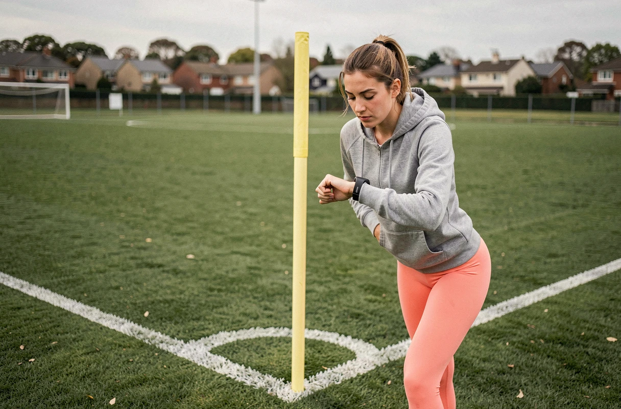 Femme vérifiant sa montre GPS au coin d'un terrain de football lors d'un entraînement de course