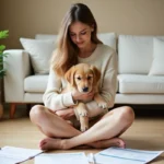 Femme comparant des contrats de mutuelle pour animaux avec son chiot golden retriever sur le parquet
