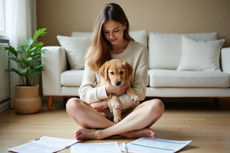 Femme comparant des contrats de mutuelle pour animaux avec son chiot golden retriever sur le parquet