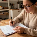 Femme remplissant une attestation de loyer pour la CAF à une table de cuisine en bois dans un appartement