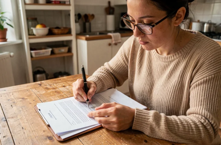 Femme remplissant une attestation de loyer pour la CAF à une table de cuisine en bois dans un appartement