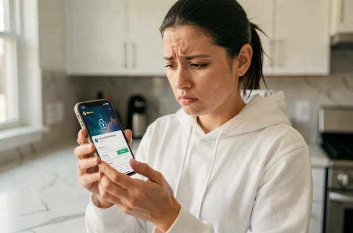 Femme consultant son application Binance sur smartphone face à un retrait bloqué