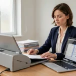 Femme utilisant un scanner de documents professionnel connecté à un logiciel de numérisation sur ordinateur portable dans un bureau moderne