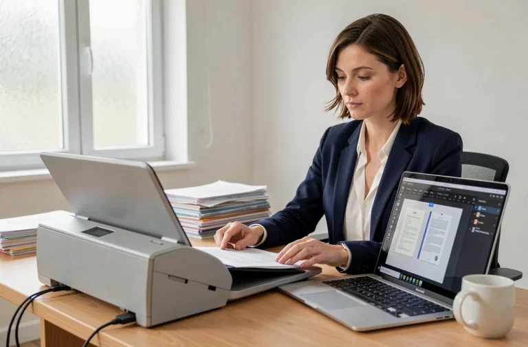 Femme utilisant un scanner de documents professionnel connecté à un logiciel de numérisation sur ordinateur portable dans un bureau moderne