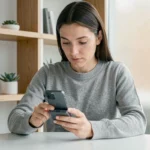 Femme testant un smartphone pliable dernier cri dans un bureau minimaliste moderne