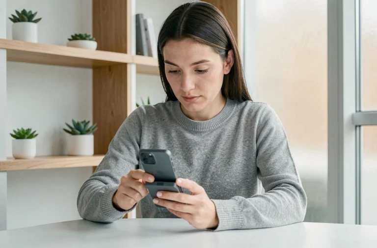 Femme testant un smartphone pliable dernier cri dans un bureau minimaliste moderne