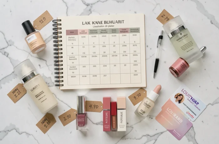 Flat lay de produits cosmétiques avec étiquettes de prix comparatifs posés sur marbre blanc, illustrant l'analyse tarifaire entre différentes enseignes de beauté françaises