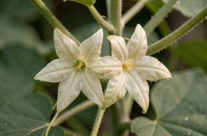 Gros plan sur les fleurs mâles et femelles de la chayotte en fleur, détail botanique des pétales blancs et des vrilles de la plante