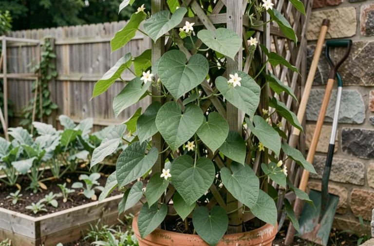 Chayotte en fleurs grimpant sur un treillis en bois dans un jardin potager, fleurs blanches délicates visibles parmi les feuilles vertes