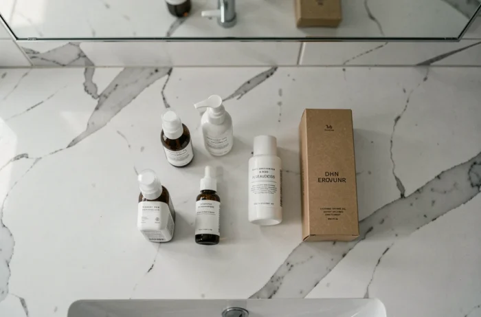 Produits de soin minimalistes de style Typology disposés sur un comptoir en marbre blanc dans une salle de bain