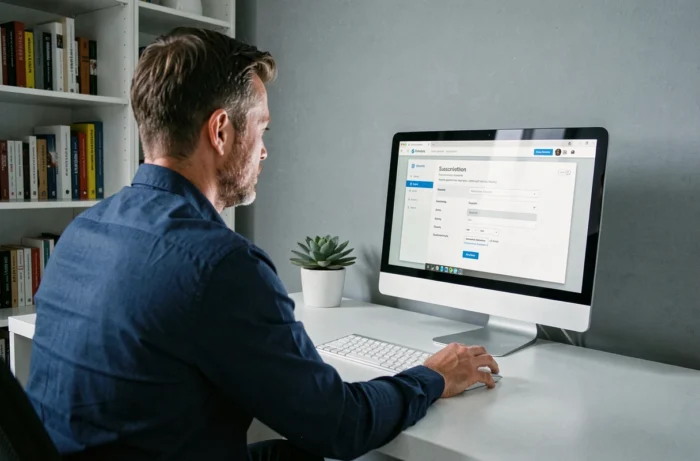 Homme gérant son abonnement en ligne depuis un bureau à domicile