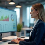 Femme professionnelle gérant des annonces en ligne sur un tableau de bord analytique dans un bureau moderne