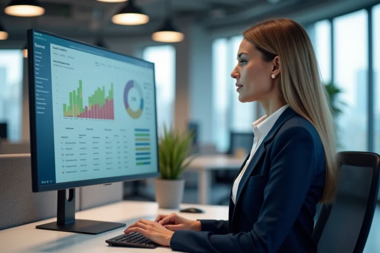 Femme professionnelle gérant des annonces en ligne sur un tableau de bord analytique dans un bureau moderne