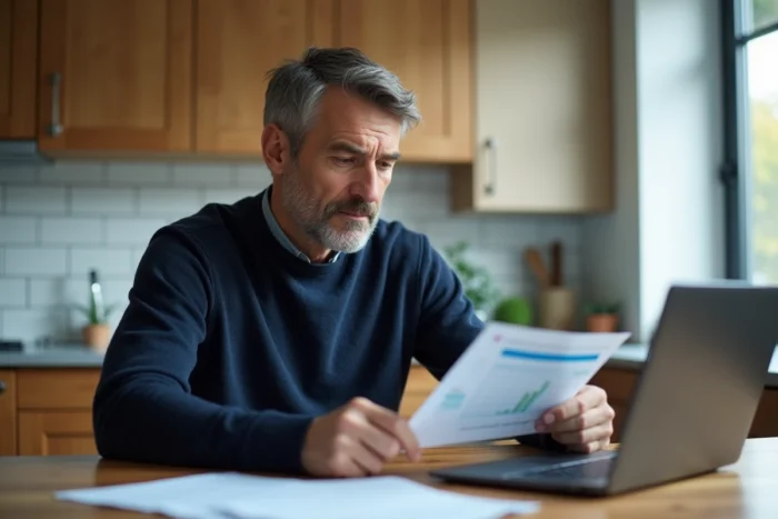 Homme consultant un relevé bancaire et un chéquier à la maison pour gérer ses chèques différés
